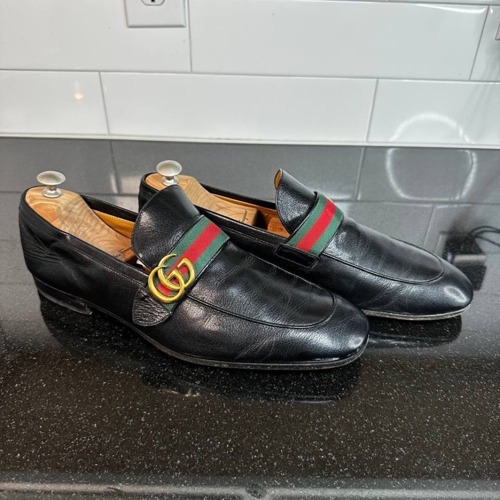 Fashion Gucci Black Leather Men GG Web Slip On Loafers Size 12